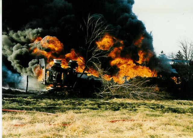 Tanker 4-9 assisted the Sadsburyville Fire Co. at this gasoline tanker fire. The truck rolled off the exit ramp and burst into flames. Unfortunately, the truck driver was burned to death. Business Route 30 at the Route 30 bypass... 3/15/92